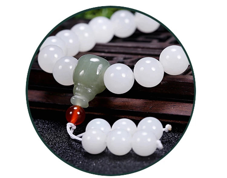 Hetian White Jade Flower Pendant Bracelet｜10mm Natural Bead Set