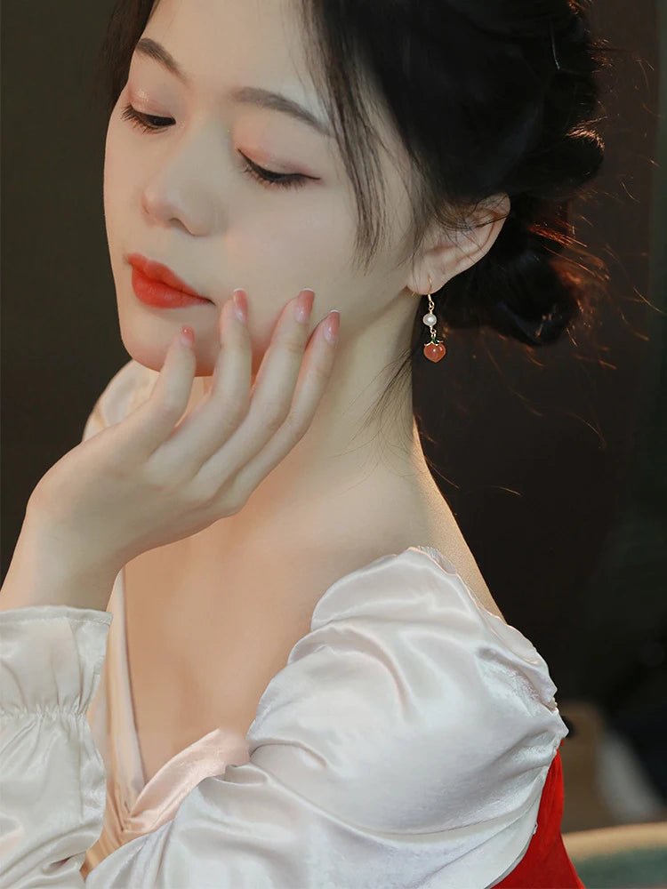 Red Agate Peach Jade Hook Earrings - Vintage Pearl Gift