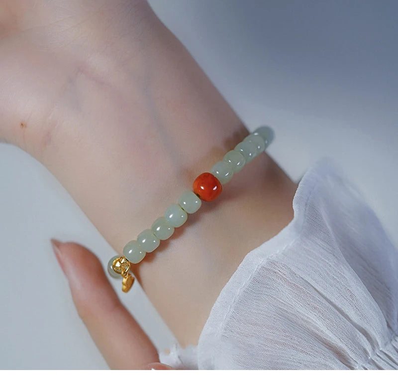 Hetian Jade & Red Bead Handstring Bracelet for Women