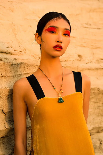 Green Jade-Look Smile Buddha Choker - Lucky Titanium Chain