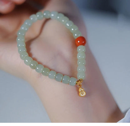 Hetian Jade & Red Bead Handstring Bracelet for Women