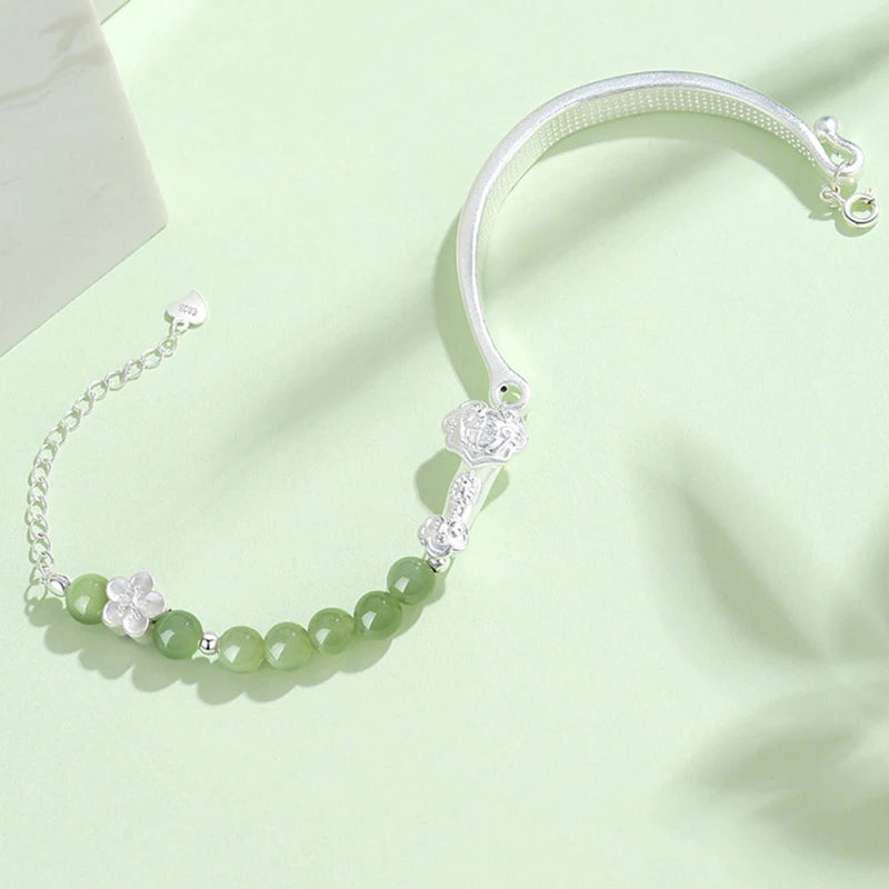 Natural Hotan Green Jade Round Bead Bracelet｜Vintage Luck & Free Engraving