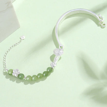 Natural Hotan Green Jade Round Bead Bracelet｜Vintage Luck & Free Engraving