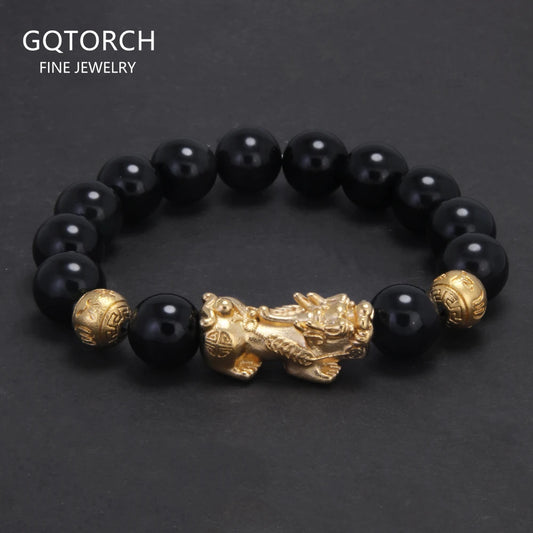 10mm 12mm Pixiu Charm Natural Stone Beads Bracelet for Men Black Onyx Tiger Eye Black Obsidian Vintage Fengshui Luck Jewelry