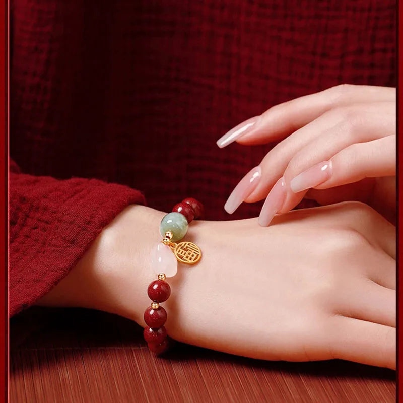 Double-Layer Southern Red Hotan Jade Bracelet with Rabbit Charm