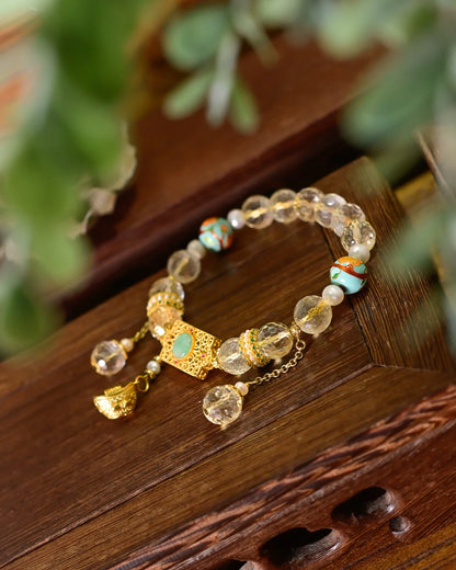 天然黄水晶招财转运手链丨925银镂空元宝与和田玉坠