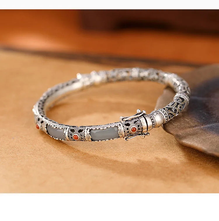 Hollow Butterfly Jade Bangle — Vintage Silver-Tone Bracelet