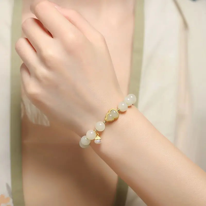 Hotan White Jade Gourd Bracelet — Lucky Handstring Beads for Wife & Girlfriend