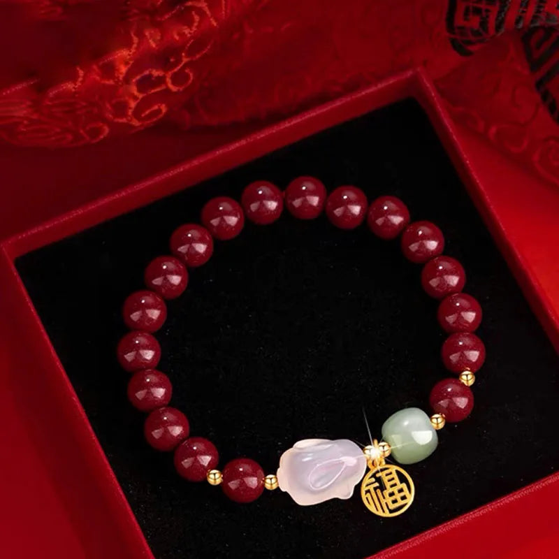 Double-Layer Southern Red Hotan Jade Bracelet with Rabbit Charm