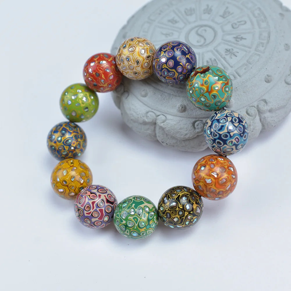 Antique Wood Circle Bracelet with Mother-of-Pearl Luck Charm