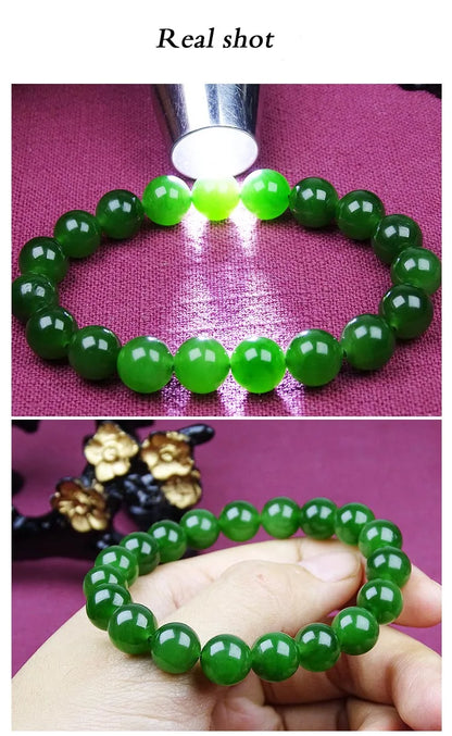 Natural Green Jadeite Round Bead Bracelet with Hand Charm ｜ Adjustable Unisex Lucky Bangle