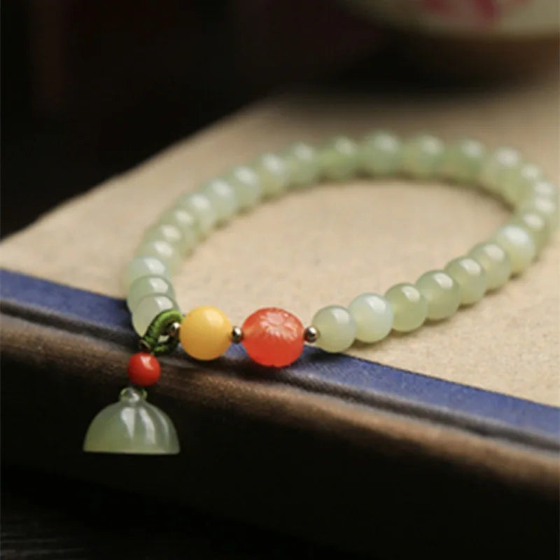Natural Hotan Jade Honey-Wax Bracelet｜Red Lotus Heart Single Loop