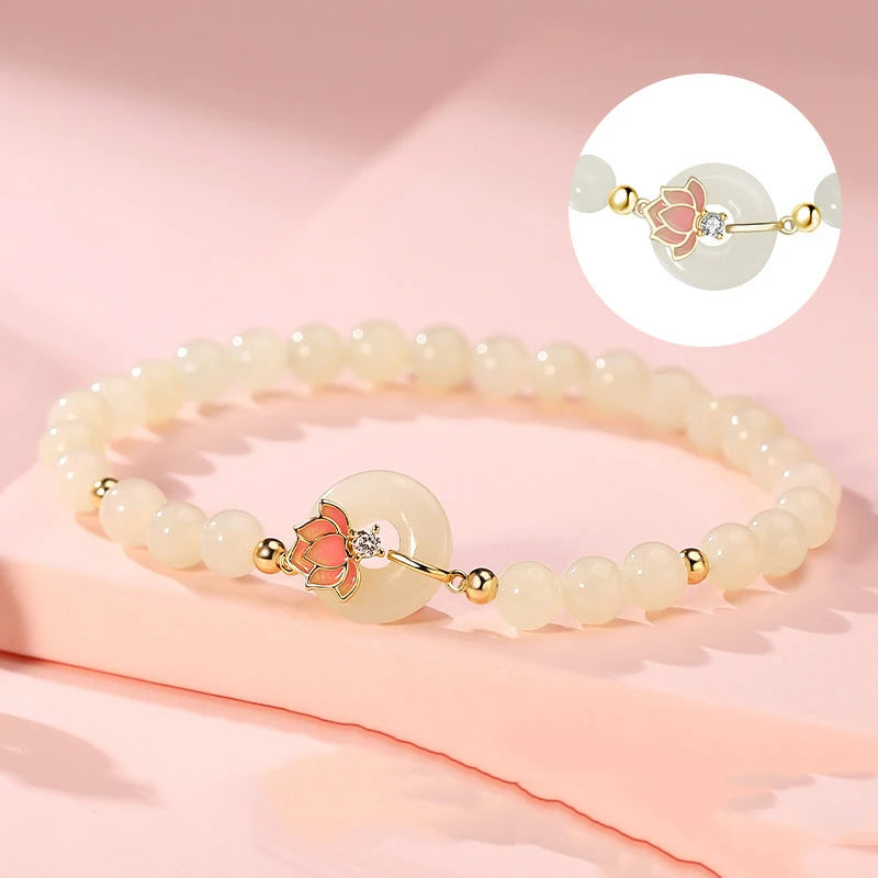 Hotan White Jade Lotus Bracelet｜Chinese Style Feng Shui Gift