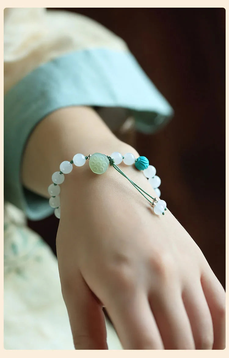 White Hetian Jade Lotus Beaded Bracelet — Handmade Feng Shui Crystal