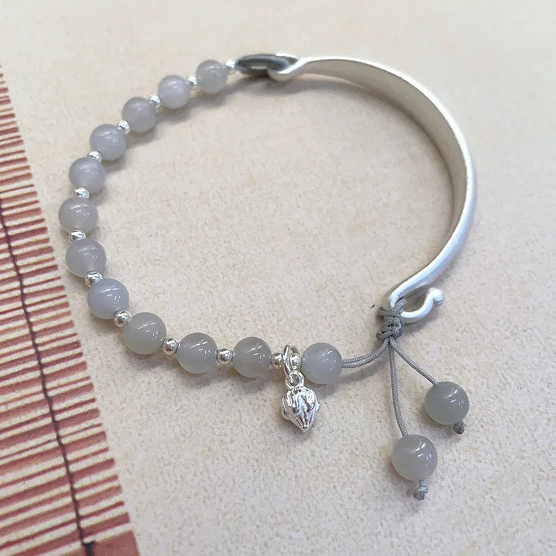 Green Hetian Jade Lotus Beaded Bracelet — Lotus Pendant