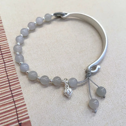 Green Hetian Jade Lotus Beaded Bracelet — Lotus Pendant