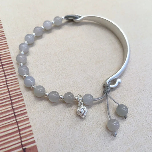 Green Hetian Jade Lotus Beaded Bracelet — Lotus Pendant