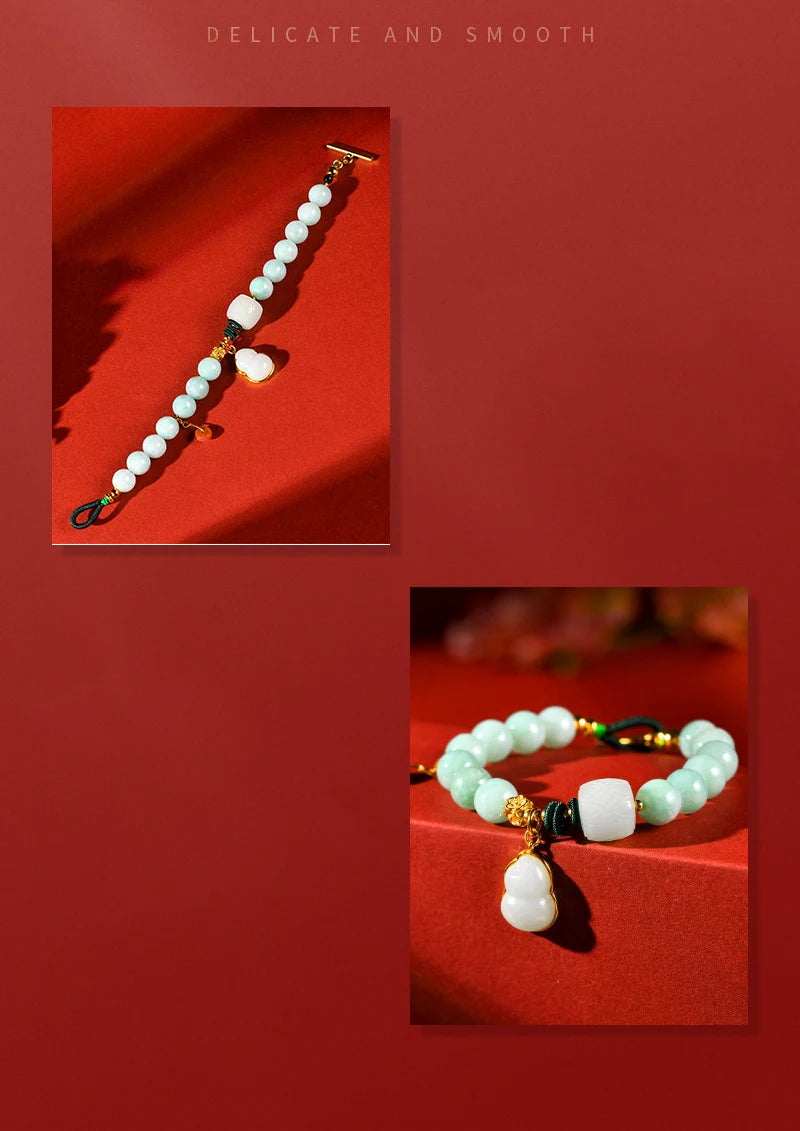 Natural Jade Calabash Bracelet — 925 Needle & Braided Rope