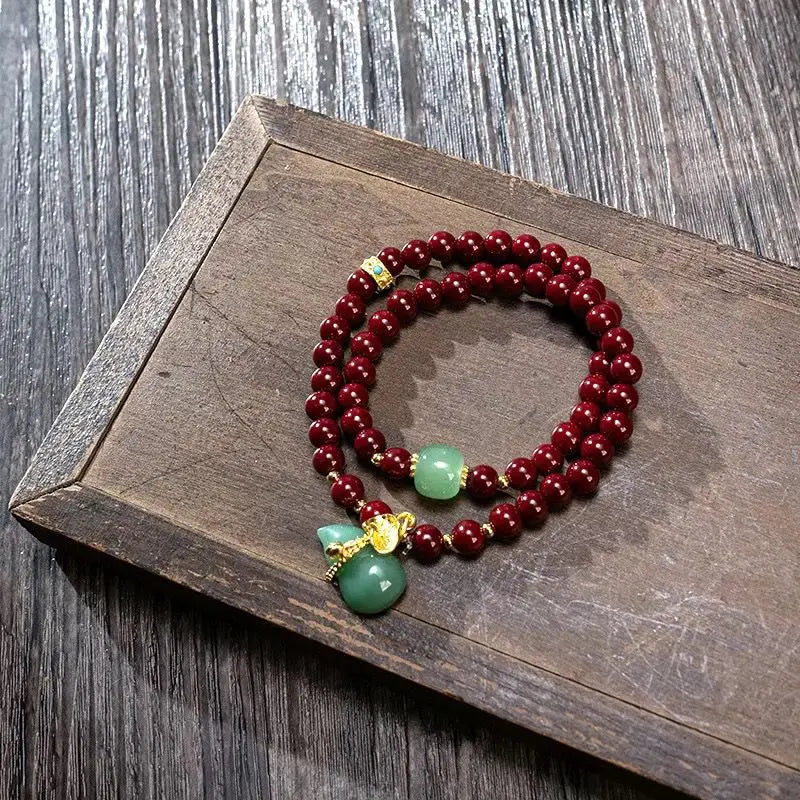 Double Circle Cinnabar-Style Bracelet with Pixiu & Gourd Pendant