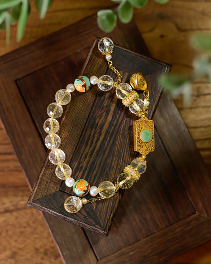 天然黄水晶招财转运手链丨925银镂空元宝与和田玉坠