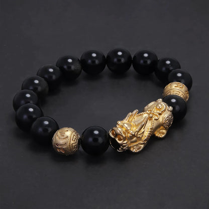 10mm 12mm Pixiu Charm Natural Stone Beads Bracelet for Men Black Onyx Tiger Eye Black Obsidian Vintage Fengshui Luck Jewelry