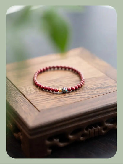 Natural Cinnabar & Blue Lotus Cloisonné Bracelet