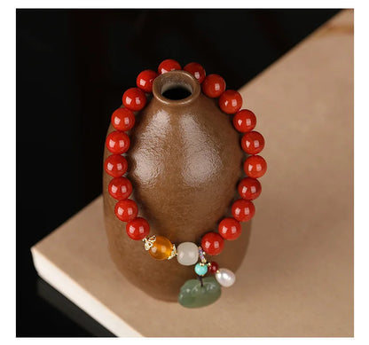 Agate Attracting Wealth Circle Bead Natural South Red Bracelet With Amber Green Pine Round Bead Bracelet  High-Grade Jewelry