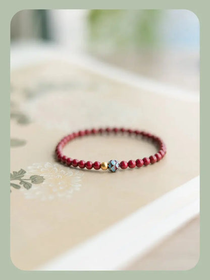 Natural Cinnabar & Blue Lotus Cloisonné Bracelet