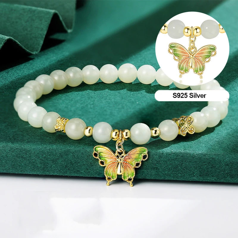 Gradient Jade Beaded Bracelet with Butterfly Charm — Lucky Charm