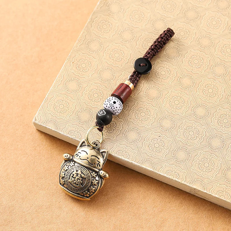 复古纯手工黄铜招财猫车钥匙扣｜五帝钱开运护身