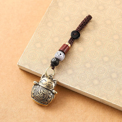 复古纯手工黄铜招财猫车钥匙扣｜五帝钱开运护身