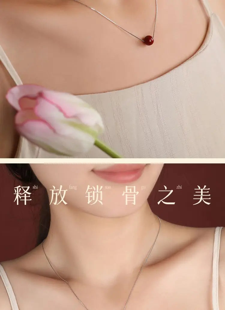 Natural Cinnabar Water-Drop Pendant Necklace｜Silver Chain Lucky Beads