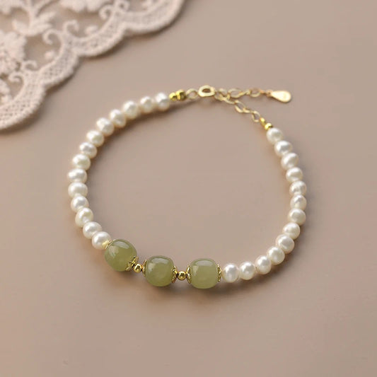 Hotan Jade & Pearl 925 Silver Stretch Bracelet - Light Luxury Gift