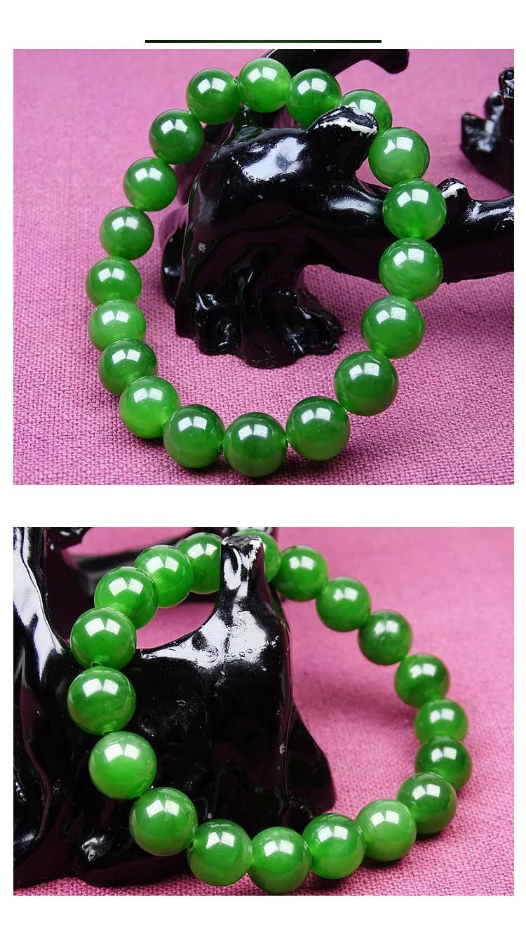 Natural Green Jadeite Round Bead Bracelet with Hand Charm ｜ Adjustable Unisex Lucky Bangle