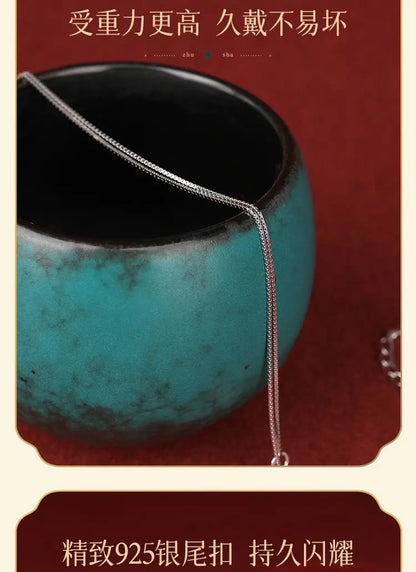 Natural Cinnabar Water-Drop Pendant Necklace｜Silver Chain Lucky Beads