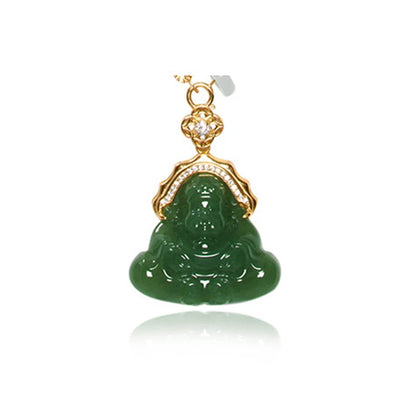 Green Jade-Look Smile Buddha Choker - Lucky Titanium Chain