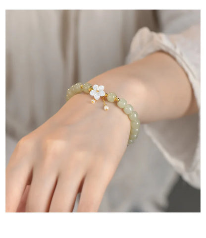 Peach Blossom Pearl & Hetian Jade Hand‑Woven Tassel Bracelet