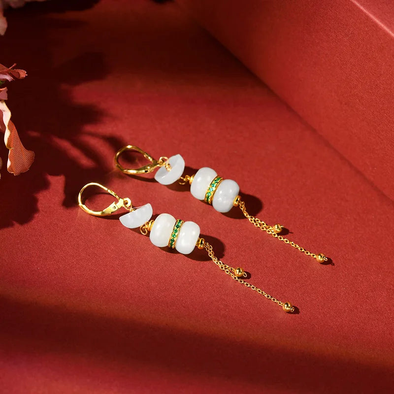 Hetian White Jade Tassel Earrings — Retro Feng Shui Elegance