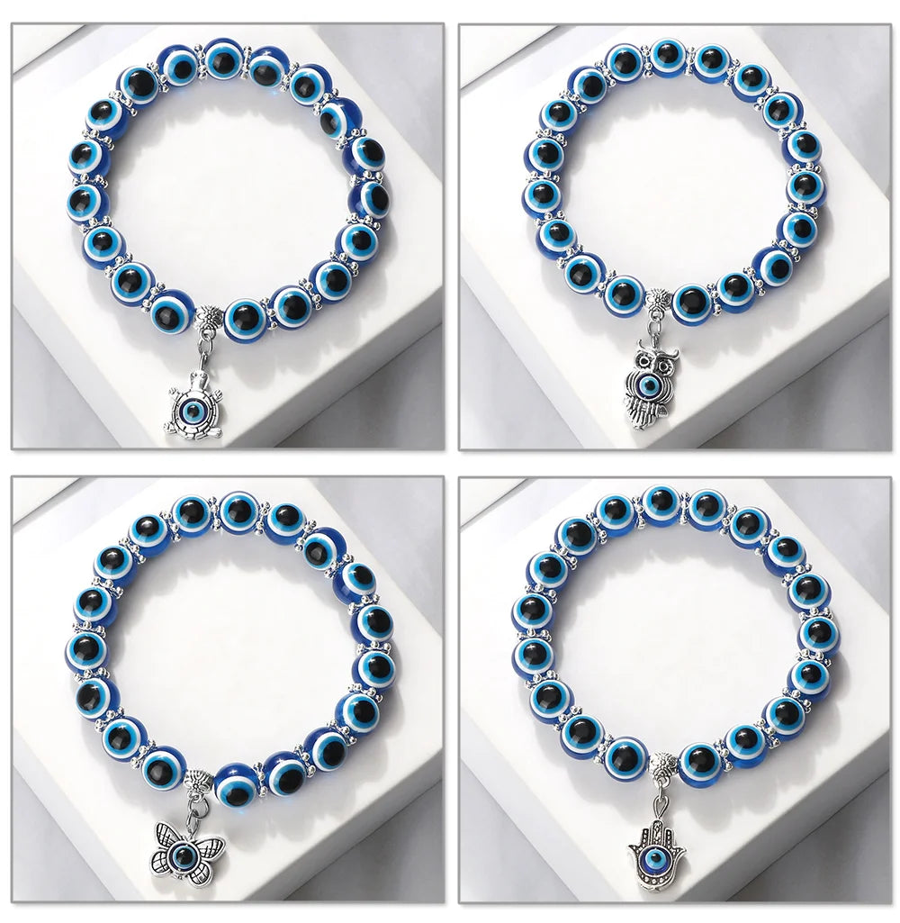 10mm Lucky Blue Evil Eye Bracelet with Charm Pendants