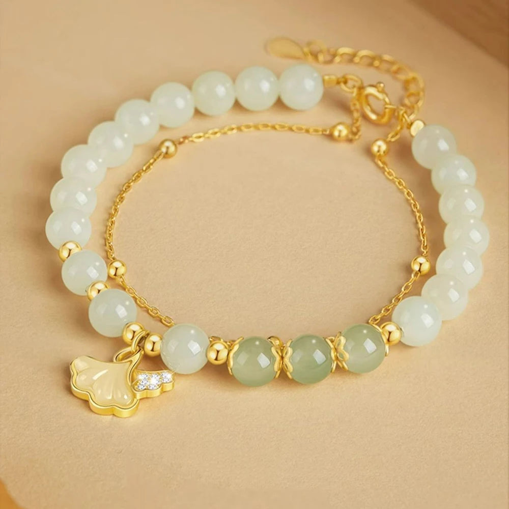 Hotan Jade Ginkgo Double‑Layer Pearl Bracelet — High‑End Gift