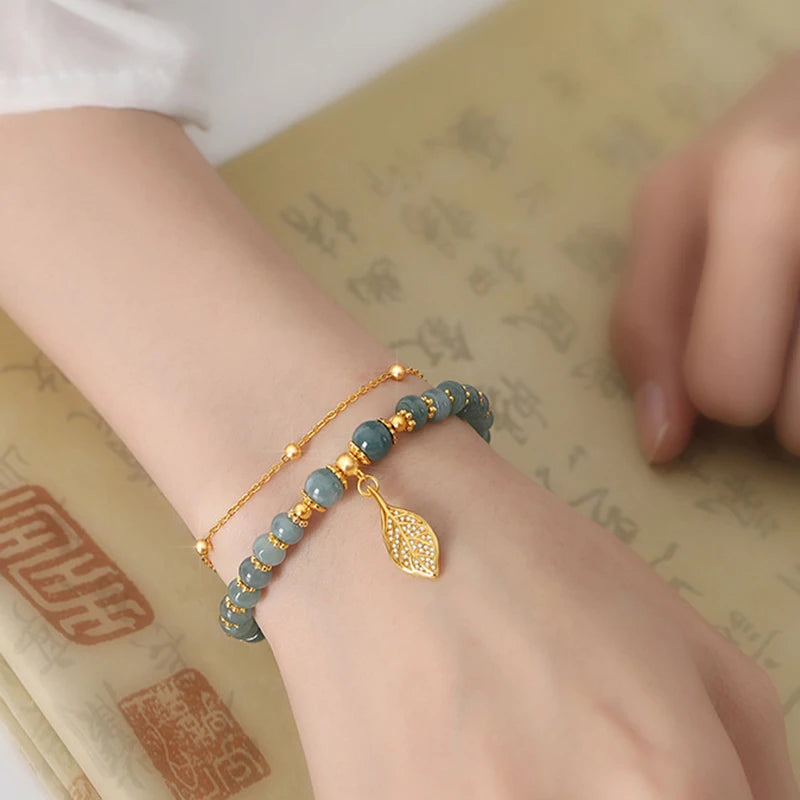 Natural Rice-Bead Jade Bracelet with A-Grade Jadeite Clamp