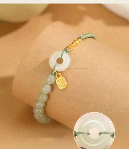 Natural Hetian Jade Lucky Buckle Braided Bracelet for Women
