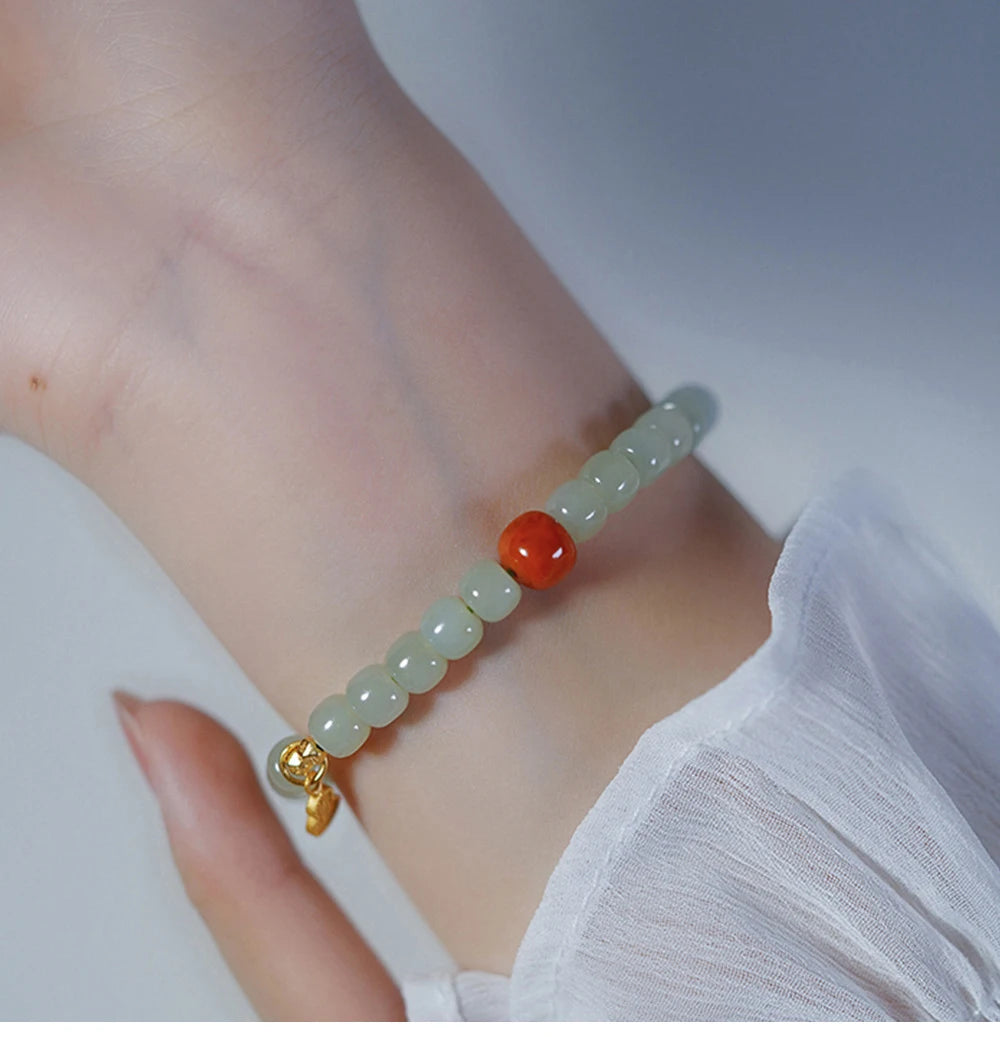 Hetian Jade & Red Bead Handstring Bracelet for Women