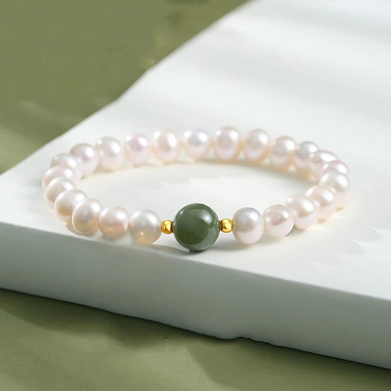 Dainty Green Jade & Freshwater Pearl Beaded Bracelet — Lucky Women's Jewelry