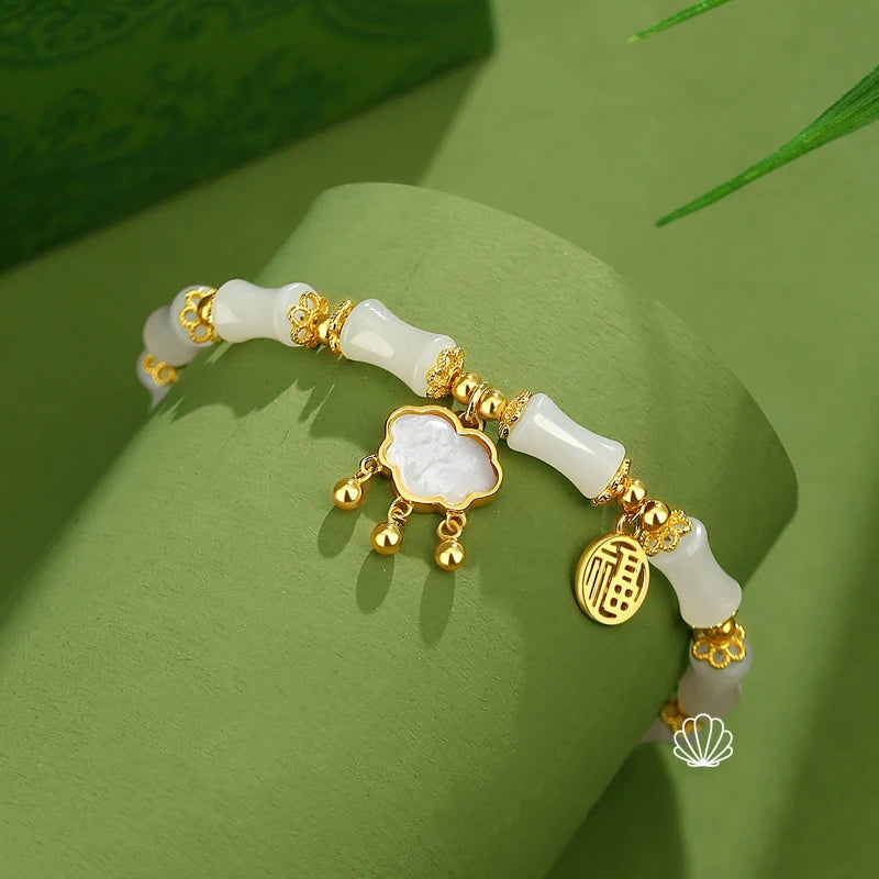 Hetian Olive Jade Bracelet - Bamboo Knot Adjustable Charm