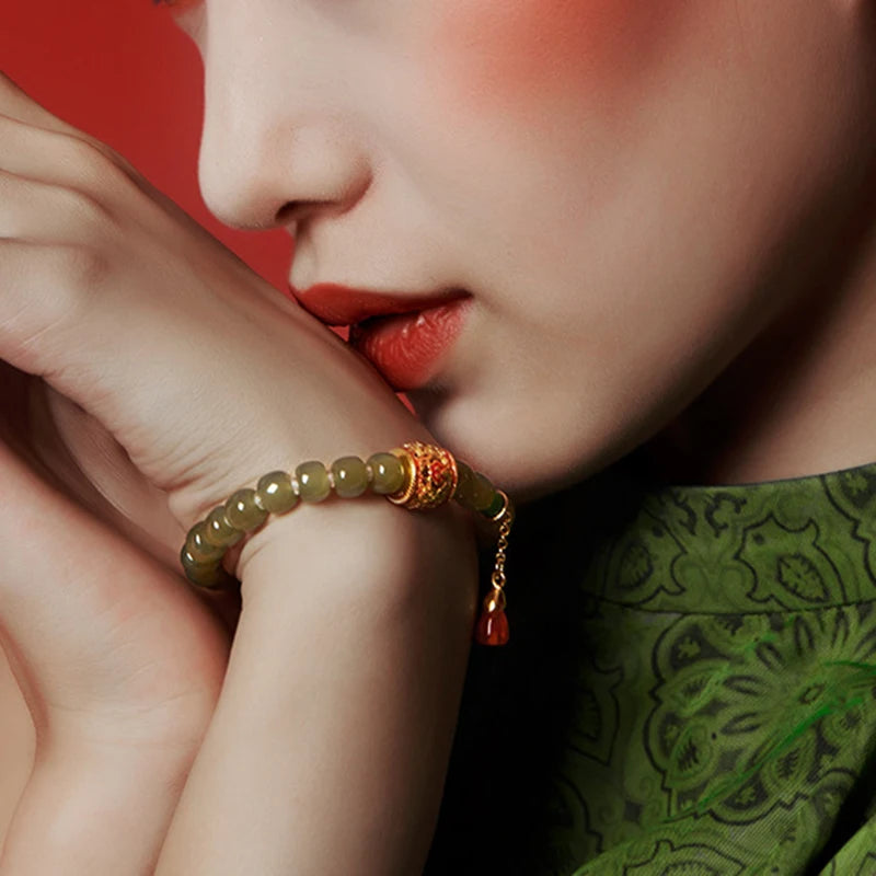 Natural Hetian Jade & Tibetan Silver Stretch Bracelet