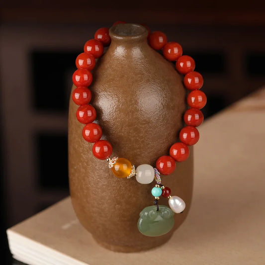 Agate Attracting Wealth Circle Bead Natural South Red Bracelet With Amber Green Pine Round Bead Bracelet  High-Grade Jewelry