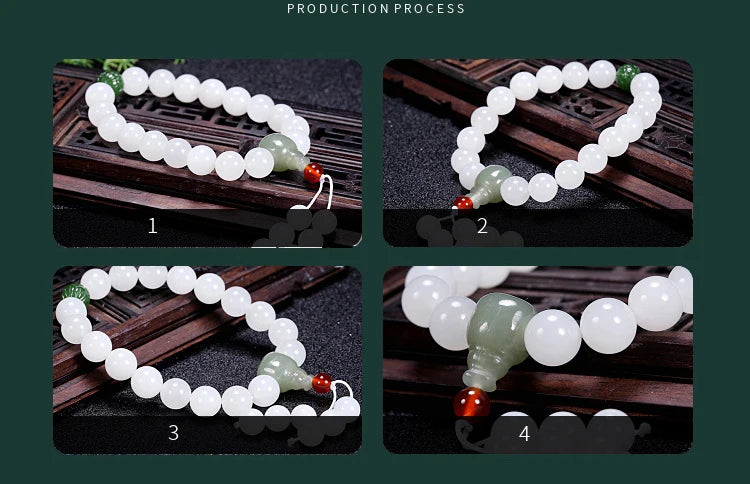 Hetian White Jade Flower Pendant Bracelet｜10mm Natural Bead Set