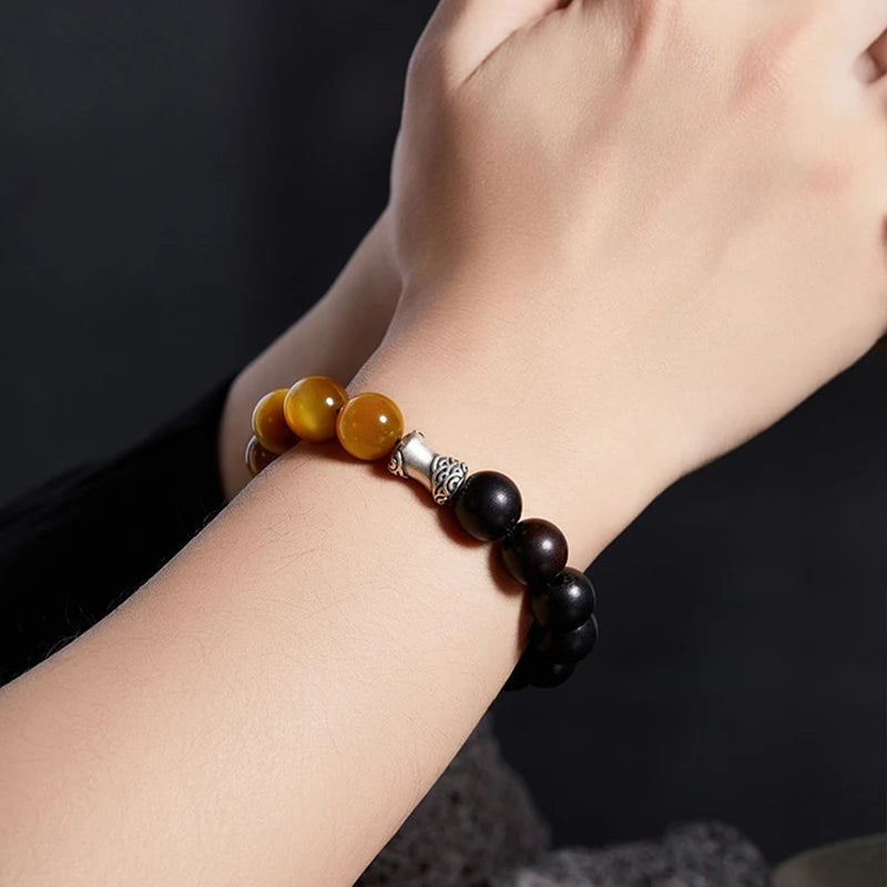 Men Bicolor Tiger Eye & Obsidian Tree of Life Bracelet - Lucky Crystal