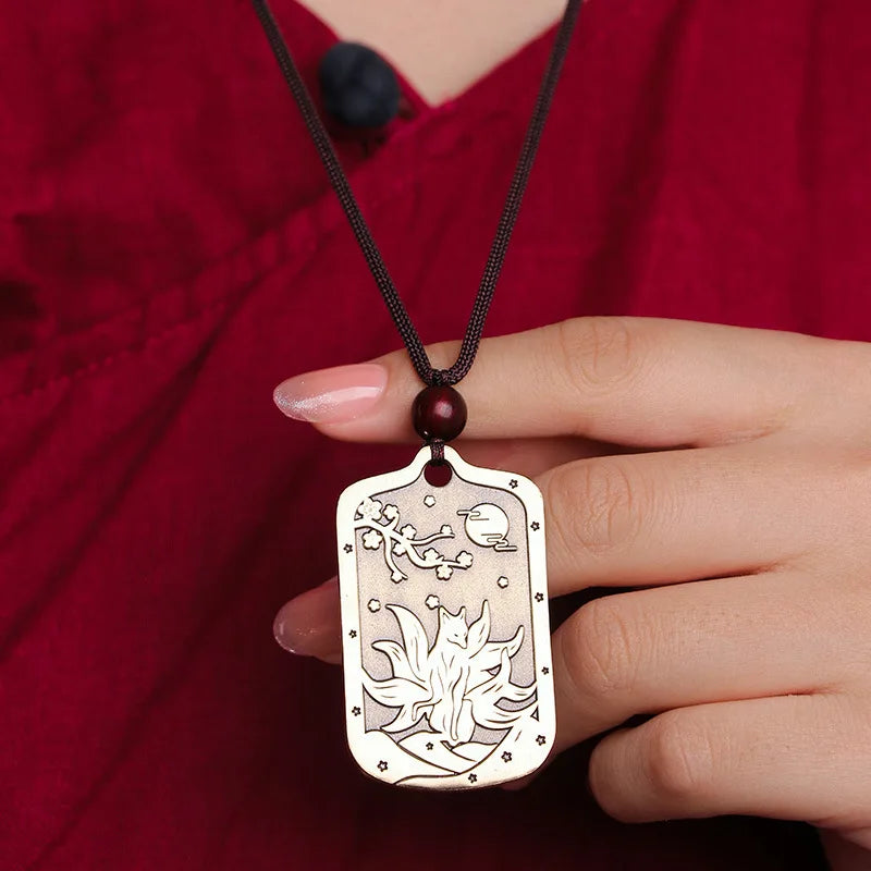 Taoist Peach Blossom Brass Necklace & Fox Keychain Set